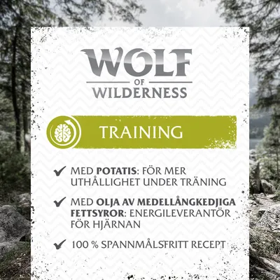 Wolf of Wilderness Training. Med potatis: för mer uthållighet under träning. Med olja av medellångkedjiga fettsyror: energileverantör för hjärnan. 100 % spannmålsfritt recept.