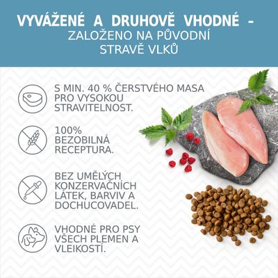 Vyvážené a druhově vhodné krmivo: min. 40 % čerstvého masa, bezobilná receptura, bez umělých konzervantů, vhodné pro psy všech plemen a velikostí. Založeno na stravě vlků.