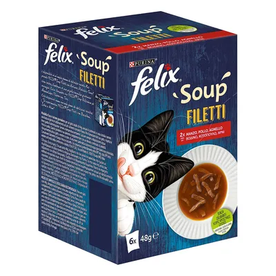 Purina Felix Soup Filetti, 6x48g. Příchutě: hovězí, kuřecí, jehněčí. Bez přidaných umělých barviv. Obal zobrazuje polévku s masem a kočku.