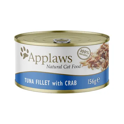 Консерва Applaws Natural Cat Food, 100% Natural, Tuna Fillet with Crab, 156 г. Видна текстура продукта на этикетке.