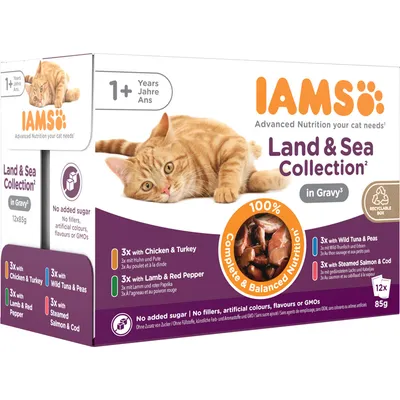Land & Sea Collection in gravy, 12x85g. Contains chicken and turkey, lamb and red pepper, wild tuna and peas, steamed salmon and cod. No added sugar, fillers or artificial colours.