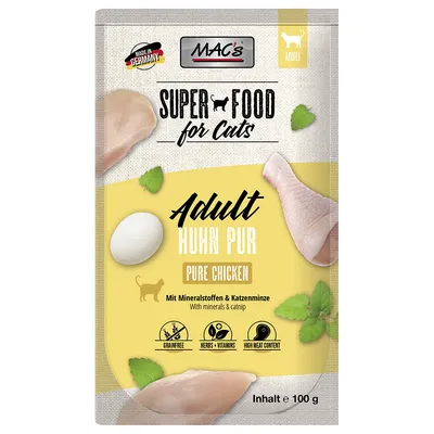 MAC's Super Food for Cats Adult Huhn Pur Pure Chicken, 100 g. Sans céréales, herbes et vitamines, forte teneur en viande. Made in Germany. Avec minéraux et cataire. MAC's Super Food for Cats Adult Huhn Pur Pure Chicken, 100 g. Sans céréales, herbes et vitamines, forte teneur en viande. Made in Germany. Avec minéraux et cataire.