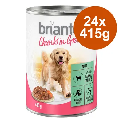 Briantos Chunks in Gravy Adult mit Lamm und Karotten, 24x415g. Ohne Zuckerzusatz, keine künstlichen Aromen.