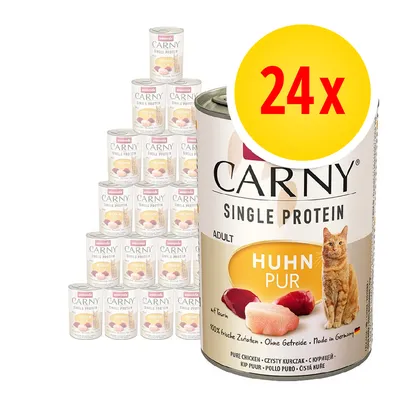 24 lattine Carny Single Protein Adult Huhn Pur, visibile scritta '100% frische Zutaten – Ohne Getreide – Made in Germany', immagine di pollo e gatto sulla confezione. 24 lattine Carny Single Protein Adult Huhn Pur, visibile scritta '100% frische Zutaten – Ohne Getreide – Made in Germany', immagine di pollo e gatto sulla confezione.