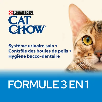 Purina Cat Chow. Système urinaire sain, contrôle des boules de poils, hygiène bucco-dentaire. Formule 3 en 1.