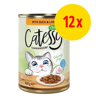 Catessy Yummmmeow! våtfoder med anka och lever, 400 g burk, text: Deliciously juicy!, 12 x i röd text på gul cirkel