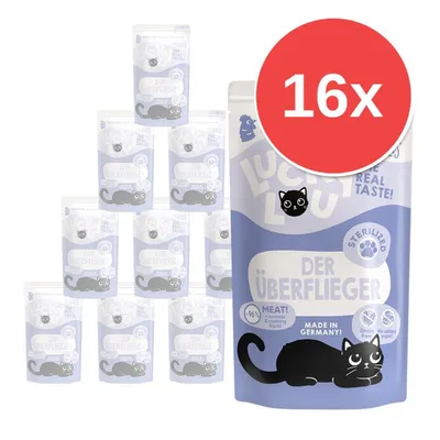 Balení 16× kapsiček Lucky Lou Der Überflieger pro sterilizované kočky, nápisy: 96% meat!, Made in Germany!, Grain free, no added sugar, Real taste! Balení 16× kapsiček Lucky Lou Der Überflieger pro sterilizované kočky, nápisy: 96% meat!, Made in Germany!, Grain free, no added sugar, Real taste!