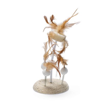 Brinquedo de sisal com penas e bolas em molas de metal, adequado para brincadeiras interativas.