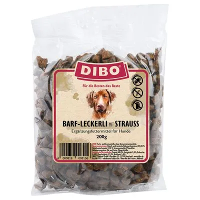 DIBO BARF-Leckerli mit Strauss, Ergänzungsfuttermittel für Hunde, 200g. Voor de Besten das Beste. Verpakking met zichtbare inhoud en pictogrammen op het etiket. DIBO BARF-Leckerli mit Strauss, Ergänzungsfuttermittel für Hunde, 200g. Voor de Besten das Beste. Verpakking met zichtbare inhoud en pictogrammen op het etiket.