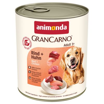 animonda GranCarno Adulto 1+ Vacuno + Pollo. 100% ingredientes frescos, alto contenido de proteínas animales, sin cereales ni azúcares añadidos.