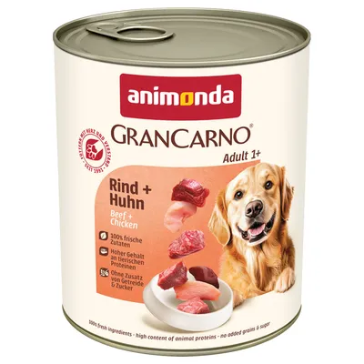animonda GranCarno Adulto 1+ Vacuno + Pollo. 100% ingredientes frescos, alto contenido de proteínas animales, sin cereales ni azúcares añadidos. animonda GranCarno Adulto 1+ Vacuno + Pollo. 100% ingredientes frescos, alto contenido de proteínas animales, sin cereales ni azúcares añadidos.