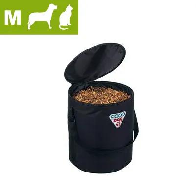 Medium-sized black food storage container with open lid, filled with dry pet food. Green icon shows dog and cat silhouettes with letter M.