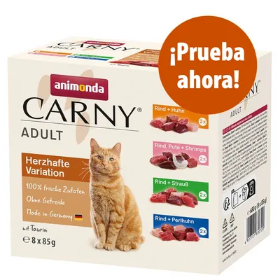 Caja de comida para gatos animonda Carny Adult Herzhafte Variation, 8 x 85 g. Texto visible: 100% frische Zutaten, Ohne Getreide, Made in Germany, ¡Prueba ahora! Variedades con carne.