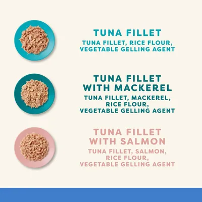 Skład: Tuna Fillet – tuńczyk, mąka ryżowa, roślinny środek żelujący; Tuna Fillet with Mackerel – tuńczyk, makrela, mąka ryżowa, roślinny środek żelujący; Tuna Fillet with Salmon – tuńczyk, łosoś, mąka ryżowa, roślinny środek żelujący.
