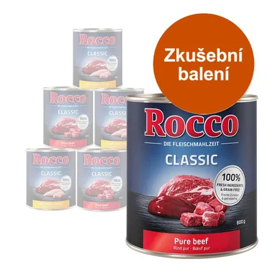 Rocco Classic Pure beef 800 g, zkušební balení. Viditelné konzervy s texty: 100% fresh ingredients & grain-free, Beef with chicken, Pure beef.