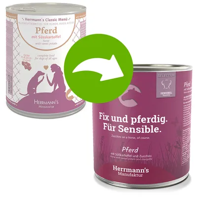 Changement d’emballage : ancienne et nouvelle boîte Herrmann’s Manufaktur, aliments pour chien au cheval avec patate douce. Textes visibles en allemand et anglais sur la nouvelle boîte.