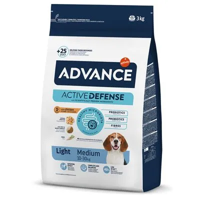 Advance Active Defense Light Medium hondenvoer, 3 kg. Met kip, prebiotica, probiotica en vezels. Voor honden van 10–30 kg. Afbeelding van een hond op de verpakking.
