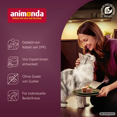 animonda. Geliefd door katten sinds 1991, ontwikkeld door experts, zonder toegevoegde suiker, voor individuele behoeften. Vrouw met kat en voederbak.
