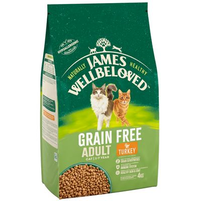 James Wellbeloved Grain Free Adult Cat Turkey, 4 kg. Bild på två katter och foderkulor. Text: för känsliga katter, immunsystem, frisk hud och päls. För katter 1–7 år.