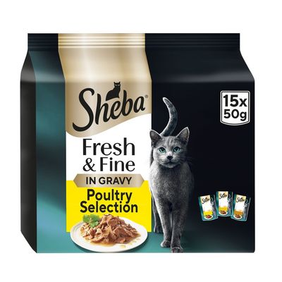Sheba Fresh & Fine in Gravy Poultry Selection, 15 packs of 50g each, shown with image of food and three individual sachets.