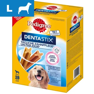 Pedigree DentaStix, 28 sztuk dla psów powyżej 25 kg. Widoczne teksty: Tägliche Zahnpflege, Triple Action, Nr 1 der Tierärzte. Opakowanie z wizerunkiem psa i przysmakami.