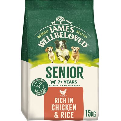 Senior 7+ years complete and balanced food, hypoallergenic for pets with sensitivities, rich in chicken and rice, 15kg.