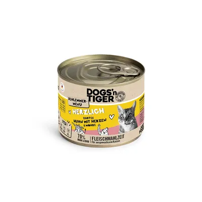 Dogs'n Tiger Schlemmer-Menü, zartes Huhn mit Herzen & Möhre, 70% Huhn & Rind, Fleischmahlzeit für ausgewachsene Katzen. Dogs'n Tiger Schlemmer-Menü, zartes Huhn mit Herzen & Möhre, 70% Huhn & Rind, Fleischmahlzeit für ausgewachsene Katzen.