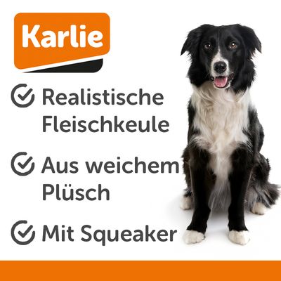 Spielzeug in Form eines Fleischknochens mit braunem, gestreiftem Muster und rotem Detail an der Spitze.