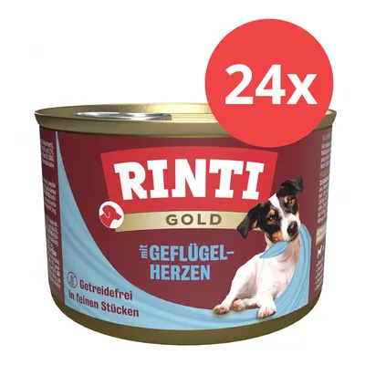 Rinti Gold mit Geflügelherzen, getreidefrei in feinen Stücken. Verpackung zeigt 24x Dosen.