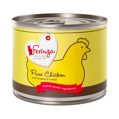 Feringa Pure Chicken with Pumpkin & Catnip, human-grade ingredients. Text på engelska. Bild på burk med gul etikett och illustration av kyckling.