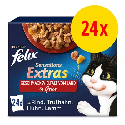 Felix Sensations Extras 24x con manzo, tacchino, pollo, agnello. Testo tedesco: Geschmacksvielfalt vom Land in Gelee. Immagine di cibo in gelatina per gatti e gatto illustrato. Felix Sensations Extras 24x con manzo, tacchino, pollo, agnello. Testo tedesco: Geschmacksvielfalt vom Land in Gelee. Immagine di cibo in gelatina per gatti e gatto illustrato.