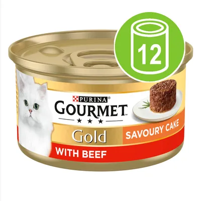 Gold savoury cake with beef, 12 cans pack indicated by green icon with number 12 and can symbol.