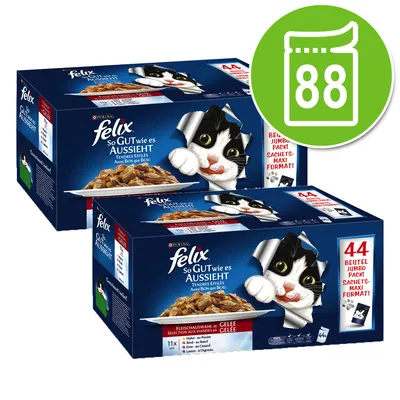 Twee dozen Purina Felix So Gut wie es aussieht kattenvoer, elk met 44 zakjes. Vleesselectie in gelei. Groot groen pictogram met het getal 88 en een zakje rechtsboven.