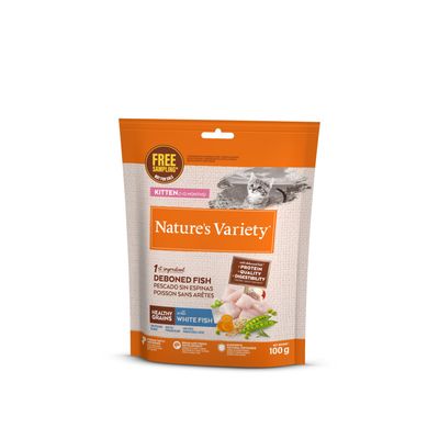 Nature's Variety cat food for kittens (0-12 months), main ingredient deboned fish, with healthy grains and white fish, 1.25 kg pack.