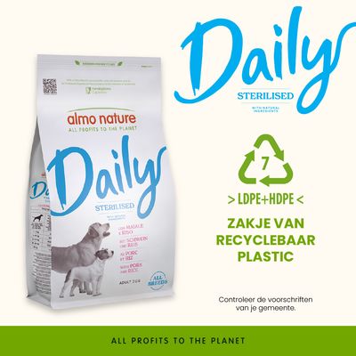 almo nature Daily Sterilised met varkensvlees en rijst, adult hond, alle rassen. Verpakking van recyclebaar LDPE+HDPE plastic. Alle winst voor de planeet.