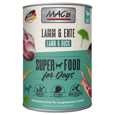 MAC's Lamm & Ente, Super Food for Dogs, adult, grainfree, 93% meat, green-lipped mussel. Made in Germany. Complete food for adult dogs. Testo anche in inglese e tedesco.