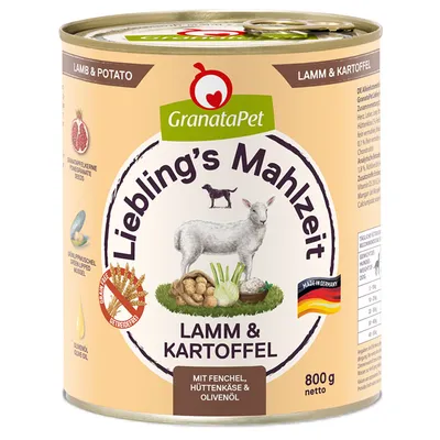 GranataPet Lieblings Mahlzeit Lamm & Kartoffel, 800g tin. Visible text: Lamb & Potato, mit Fenchel, Hüttenkäse & Olivenöl, made in Germany. Images of lamb, potatoes, fennel, olive oil.