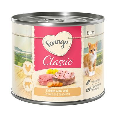 Boîte Feringa Classic pour chaton, saveur poulet et veau avec carottes et pissenlit, 69 % ingrédients d’origine animale, sans céréales, image de chaton sur l’étiquette.