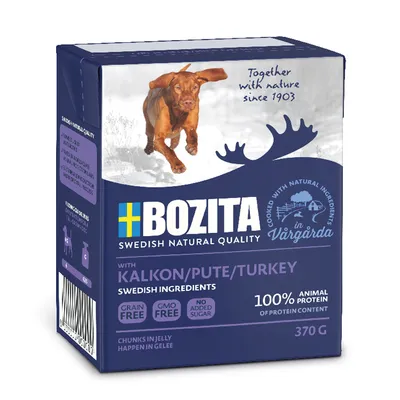 Bozita Swedish Natural Quality cu kalkon/pute/turkey, 370 g. Grain free, GMO free, no added sugar, 100% animal protein. Text în engleză: Together with nature since 1903.