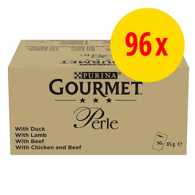 Caja de Purina Gourmet Perle, 96 sobres de 85 g. Variedades: pato, cordero, ternera, pollo y ternera. Texto visible en inglés.