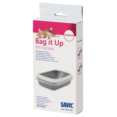 Savic Bag it Up litter tray bags medium, kattebakkeposer med lukning, egnet til bakker 42×32 cm. Billede af grå kattebakke med pose. Tekst: pets' favourite.