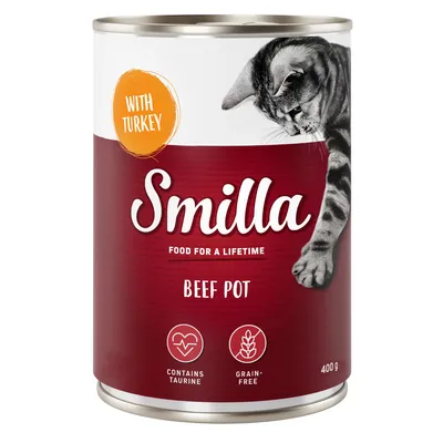 Smilla Beef Pot kattemad 400 g. Tekst: WITH TURKEY, FOOD FOR A LIFETIME, CONTAINS TAURINE, GRAIN-FREE. Billede af kat på dåsen.