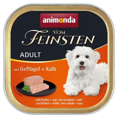 animonda Vom Feinsten Adult hondenvoer, mit Geflügel + Kalb, afbeelding van wit hondje en vlees op bord, tekst: met Gevogelte + kalf, with Poultry + veal