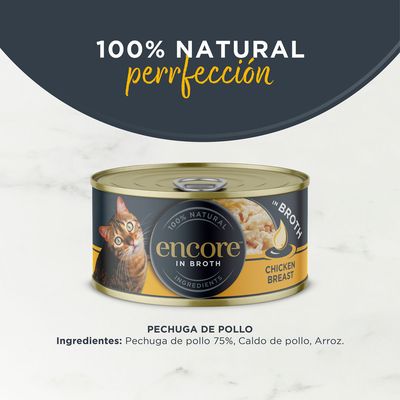 Encore in Broth, 100% ingredientes naturales, pechuga de pollo. Imagen muestra lata con motivo de gato y producto.