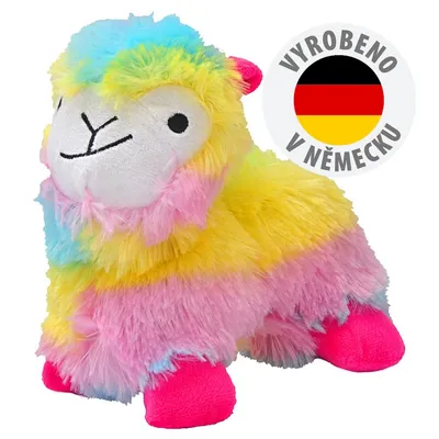 Plyšová hračka ve tvaru lamy s duhovou srstí a růžovými tlapkami. Viditelný nápis: VYROBENO V NĚMECKU s německou vlajkou. Plyšová hračka ve tvaru lamy s duhovou srstí a růžovými tlapkami. Viditelný nápis: VYROBENO V NĚMECKU s německou vlajkou.