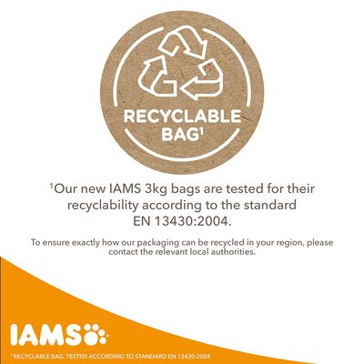IAMS. Recyklovateľný obal 3 kg testovaný podľa normy EN 13430:2004. Pre informácie o recyklácii kontaktujte miestne úrady. Text v angličtine.