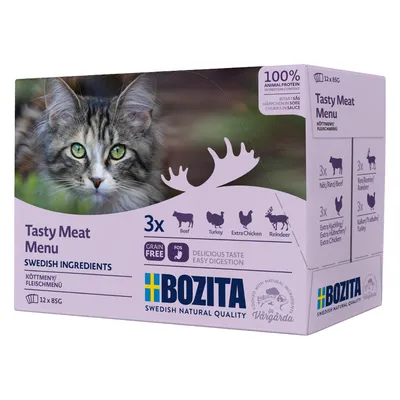 Bozita Tasty Meat Menu, 12x85g, kornfri, 100% animalsk protein, varianter: oksekød, kalkun, ekstra kylling, rensdyr. Svenske ingredienser for let fordøjelse.
