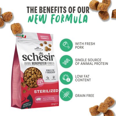 Schesir Animal Monoprotein Formula Sterilized s svinjino, 1,5 kg. Prednosti: s svežim svinjskim mesom, le en vir živalskih beljakovin, z nizko vsebnostjo maščob, brez žit.