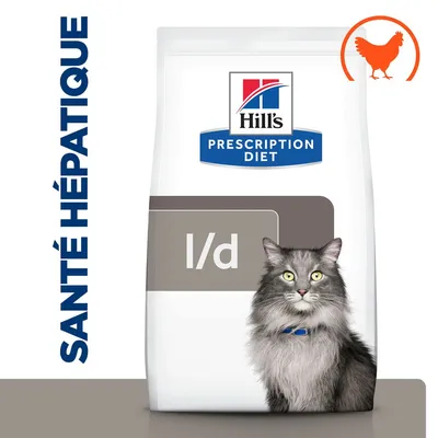 Hill's Prescription Diet l/d pour chat, texte visible : SANTÉ HÉPATIQUE, image d’un chat et pictogramme poulet orange en haut à droite du paquet.