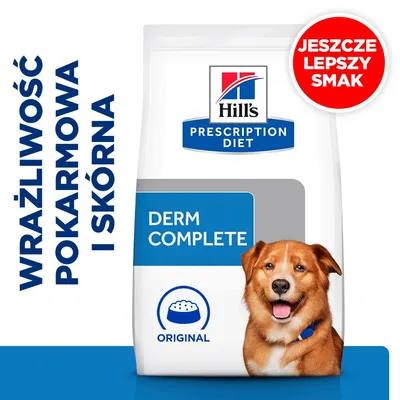 Hill's Prescription Diet Derm Complete Original. Wrażliwość pokarmowa i skórna. Jeszcze lepszy smak – informacja na opakowaniu karmy.